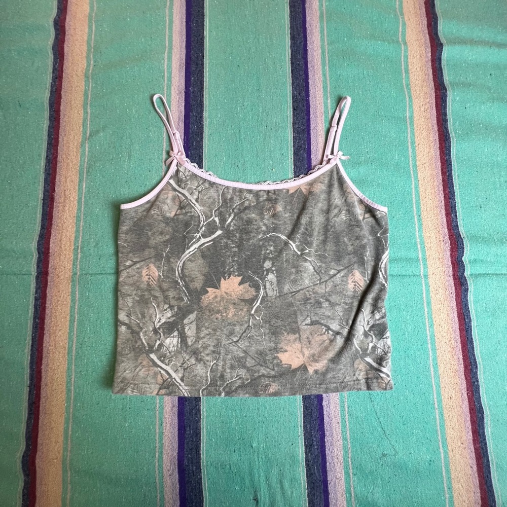 Orangekiss Camisole Women XL Green Pink Camo Lace Trim Bow Adjustable Straps
